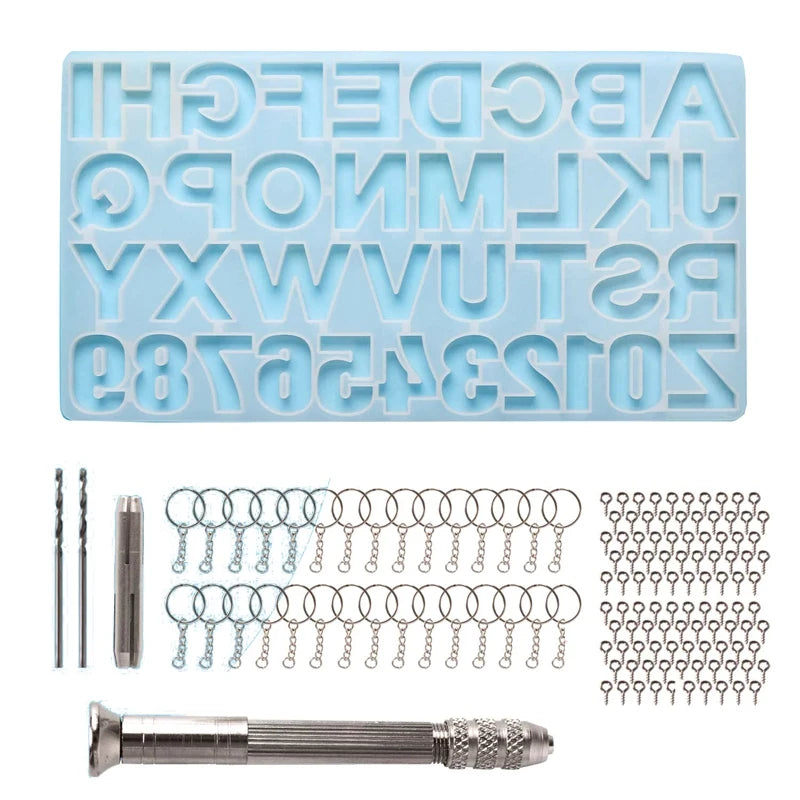 Epoxy Casting Mold Set with Hand Drill, Drill Bits, Keyrings, Screw Pins