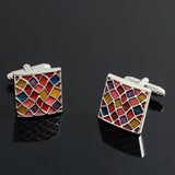 Silver Plated Cufflinks with Epoxy Enamel Grid Design