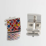 Silver Plated Cufflinks with Epoxy Enamel Grid Design