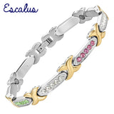 Women 2-Tone Magnetic Stainless Steel Bracelet 40pcs Crystals Bangle