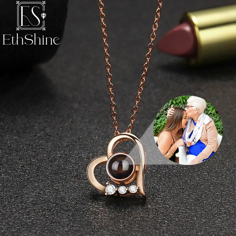 925 Silver Heart Photo Projection Necklace Personalized Jewelry Gift