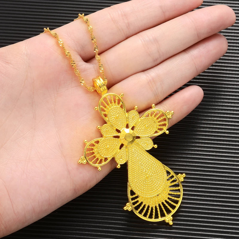 Ethiopian Big Cross Pendant Twisted Chain for Women Girls