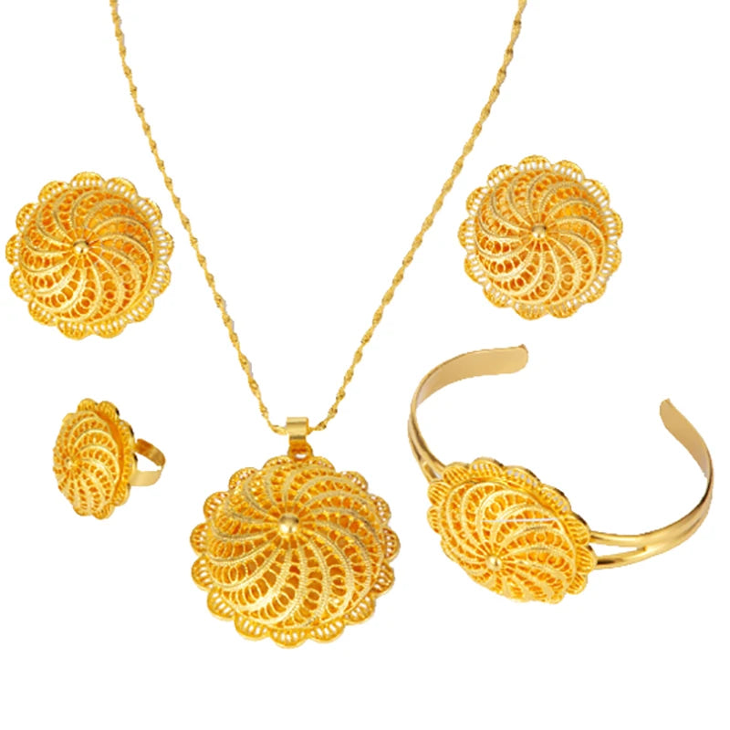 Ethiopian Jewelry Set Dubai Plated Pendant Chain Earrings Ring