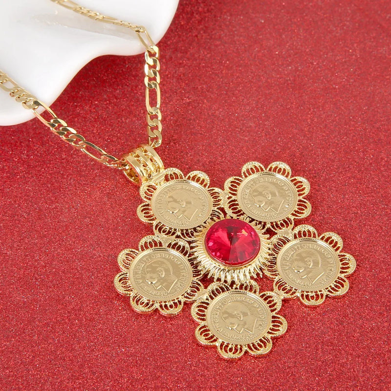 Ethiopian Red Green Stone Cross Pendant Necklace Africa Habesha Jewelry