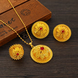 Ethiopian Red CZ Flower Pendant Earrings Jewelry Set