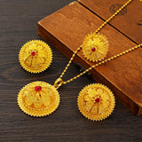Ethiopian Red CZ Flower Pendant Earrings Jewelry Set