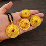Ethiopian Red CZ Flower Pendant Earrings Jewelry Set