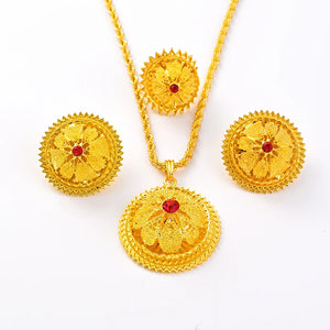 Ethiopian Red CZ Flower Pendant Earrings Jewelry Set