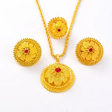 Ethiopian Red CZ Flower Pendant Earrings Jewelry Set
