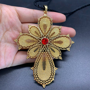 Ethiopian Zircon Stones Cross Pendant with Rope Daily Use Habesha Jewelry