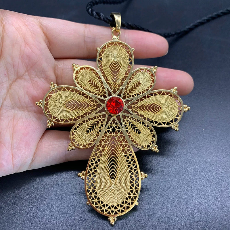 Ethiopian Zircon Stones Cross Pendant with Rope Daily Use Habesha Jewelry
