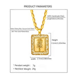 Square Carved Rose Flower Pendant Necklace For Women Girls