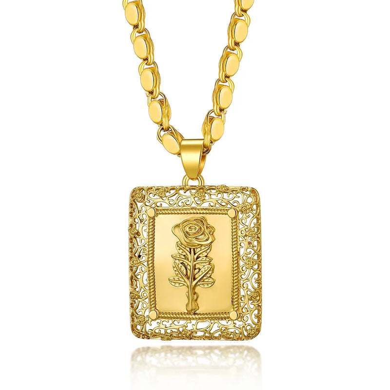 Square Carved Rose Flower Pendant Necklace For Women Girls
