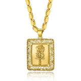 Square Carved Rose Flower Pendant Necklace For Women Girls