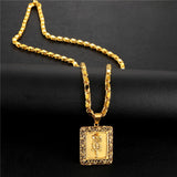 Square Carved Rose Flower Pendant Necklace For Women Girls