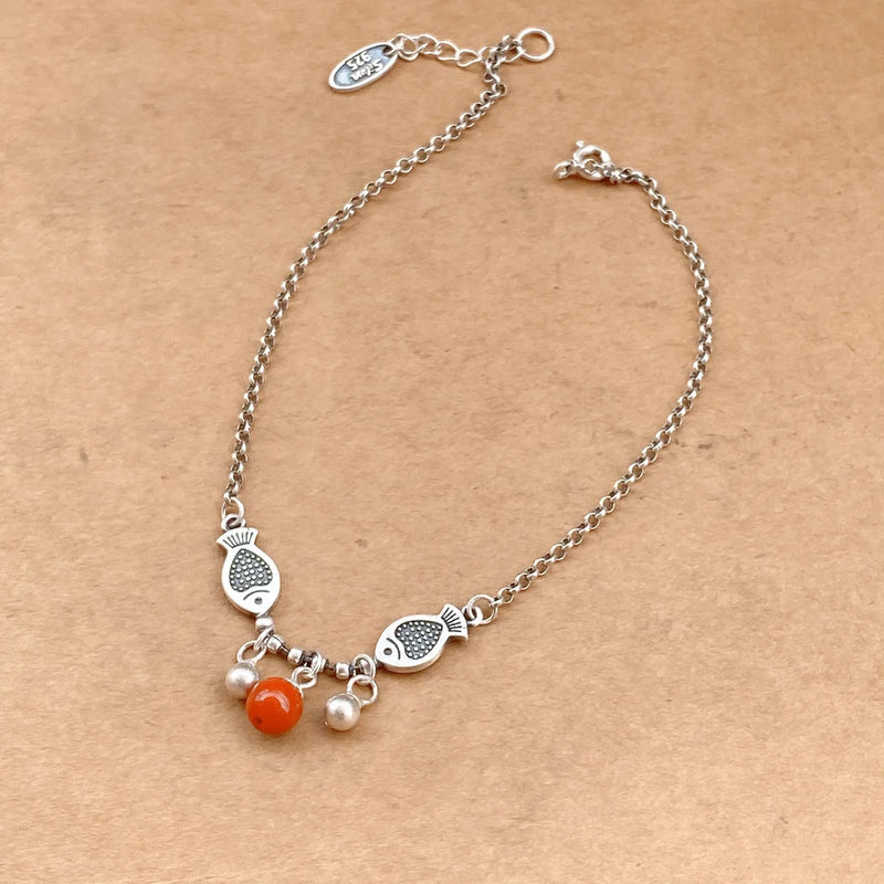 925 Silver Red Agate Anklet Double Fish Foot Chain JL009
