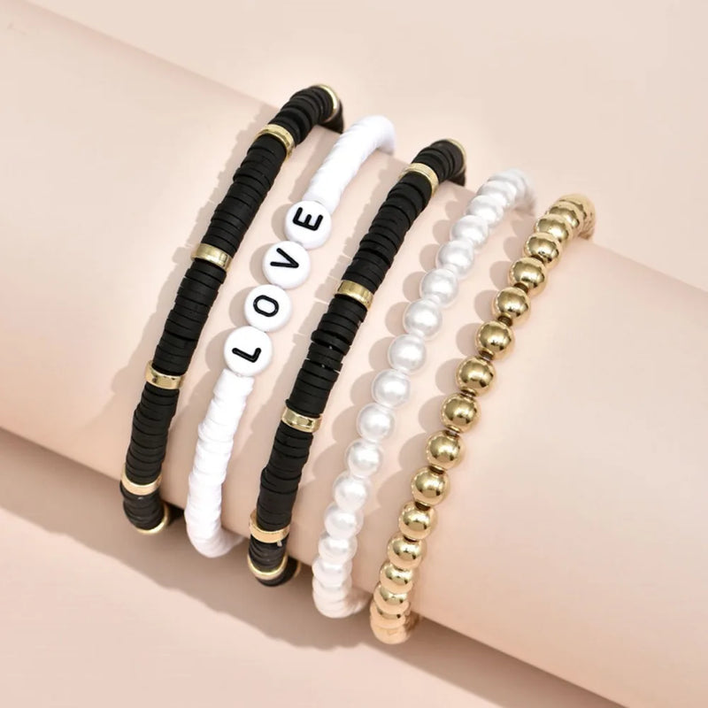 Colorful Bohemian Bracelet Set with Pearl Detail - 5 Piece Set
