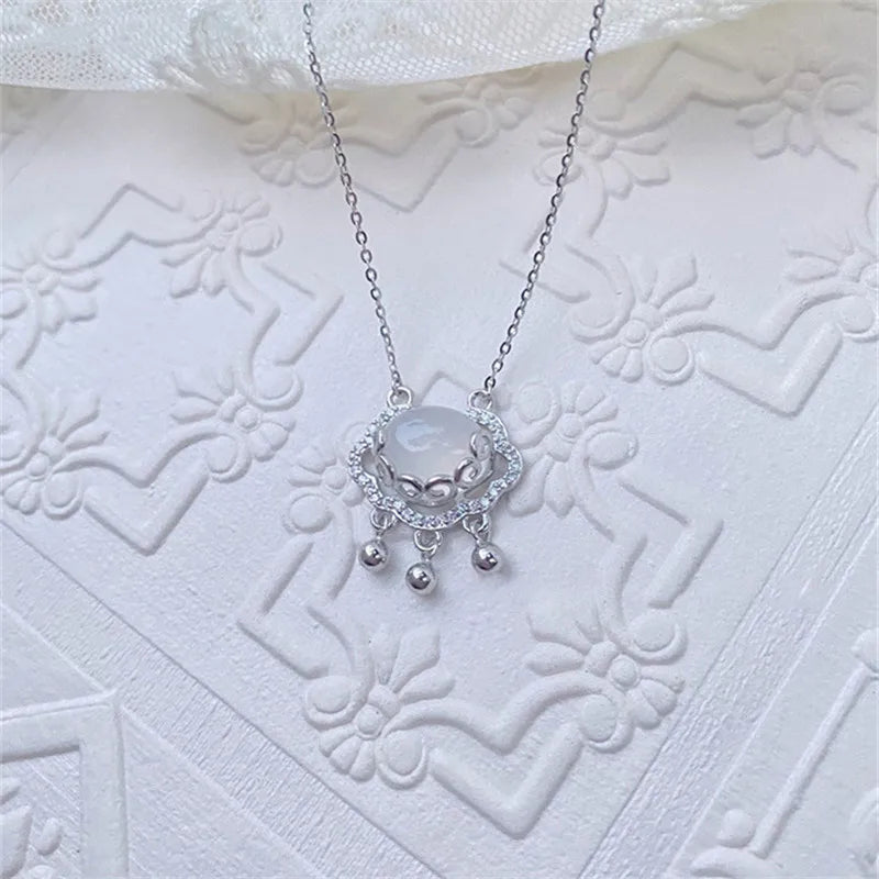 Chinese Style Longevity Lock Charm Necklace 925 Sterling Silver Jade Pendant