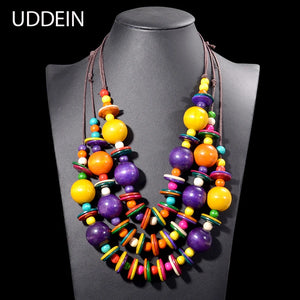 Ethnic Layer Big Bead Wood Necklace & Pendant Leather Bohemian Jewelry