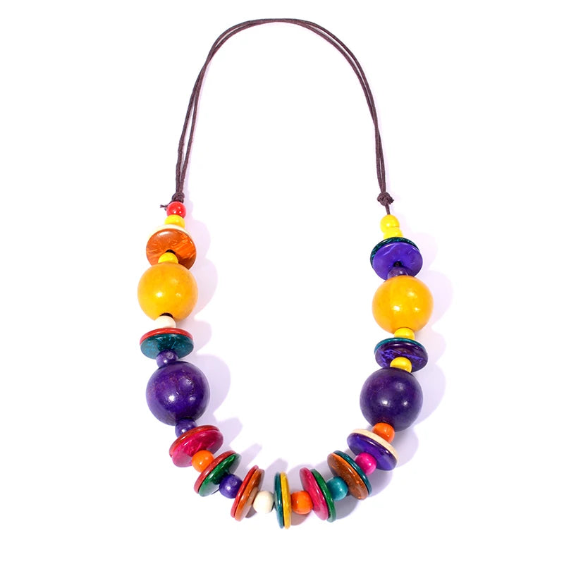 Ethnic Layer Big Bead Wood Necklace & Pendant Leather Bohemian Jewelry