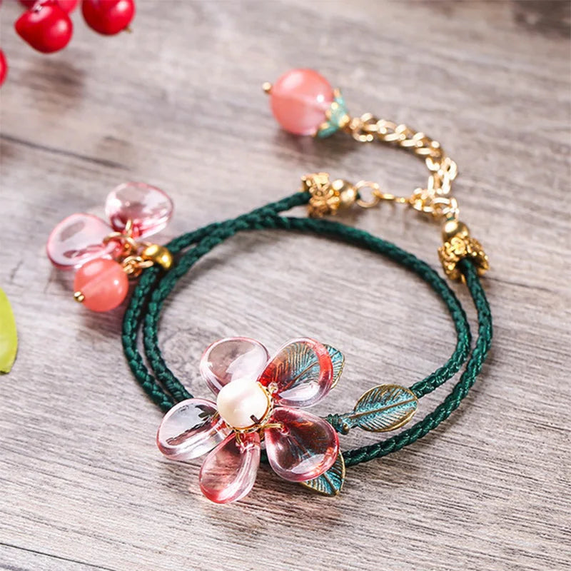 Pearl Lampwork Petals Flower Bracelet Rope Wrap Bangle