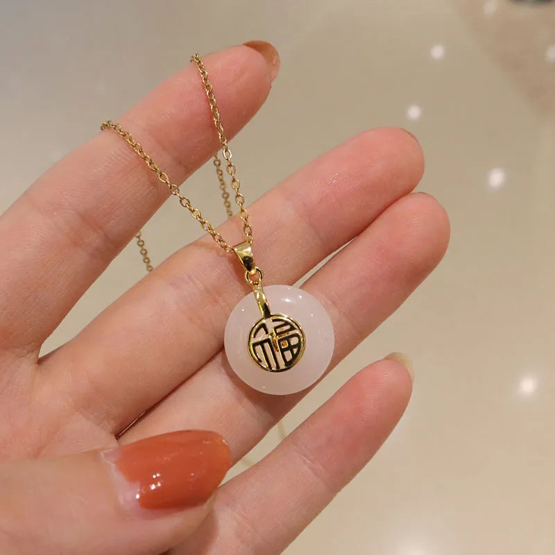 Ethnic Hetian Jade Necklace Fu Safety Buckle Pendant Party