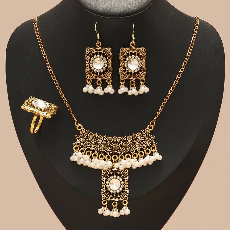 Crystal Square Choker Necklace Set Bronze Jewelry