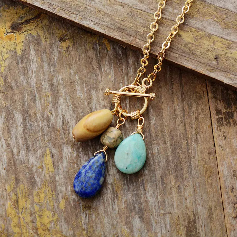 Ethnic Stone Teardrop Pendant Lariat Necklace Unique Boho Jewelry