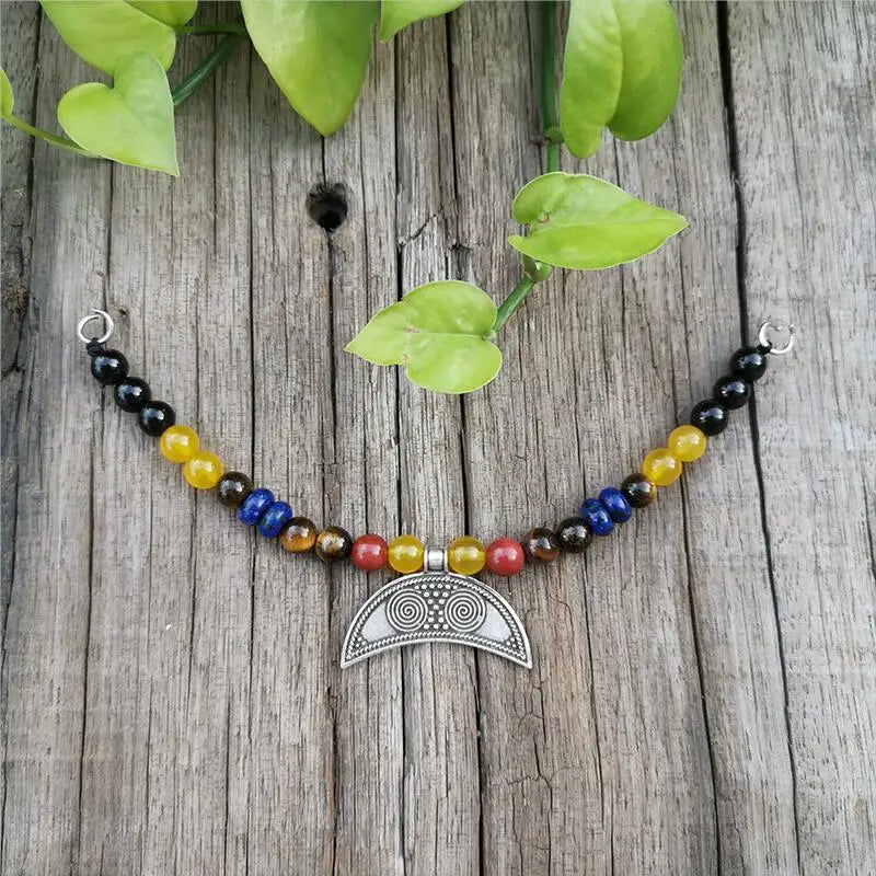 Ethnic Stone Beads Necklace with Moon Pendant
