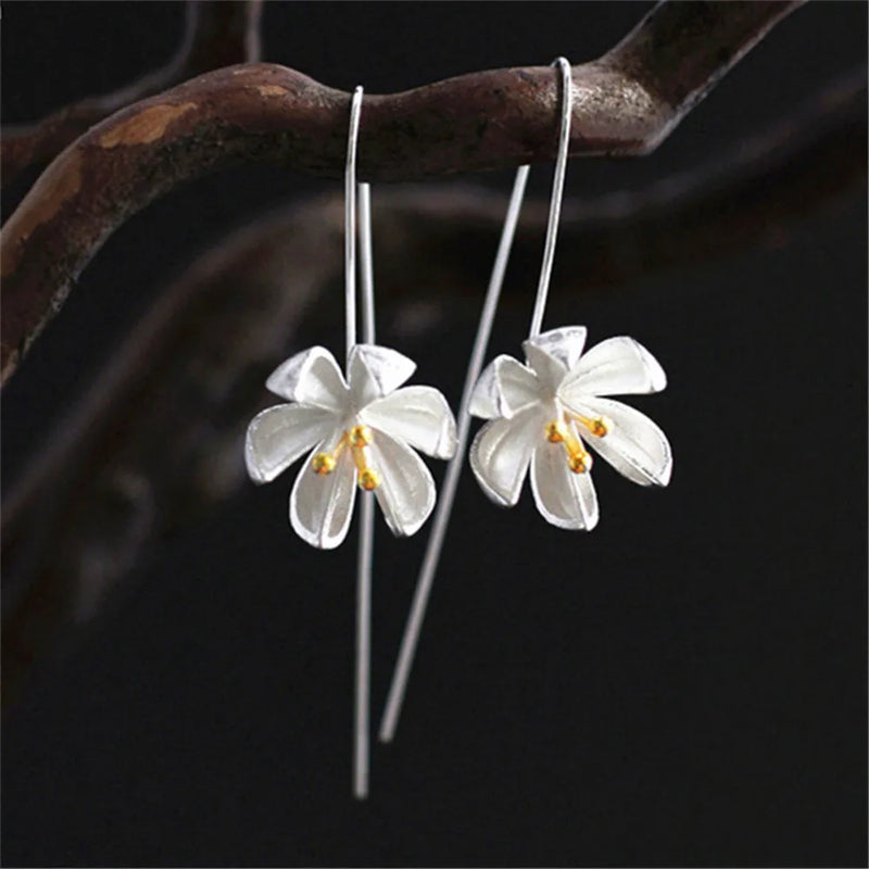 Ethnic Art 925 Silver Flower Golden Tassel Earrings For Women