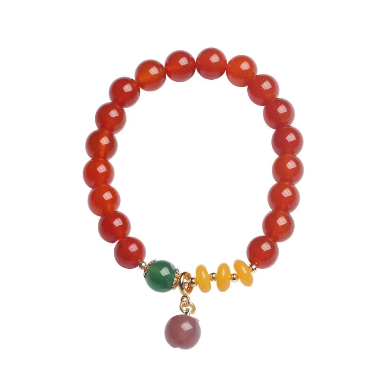 Ethnic Pink Peach Pendant 8mm Agate Bead Strand Bracelet 14K Fine Jewelry