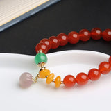 Ethnic Pink Peach Pendant 8mm Agate Bead Strand Bracelet 14K Fine Jewelry