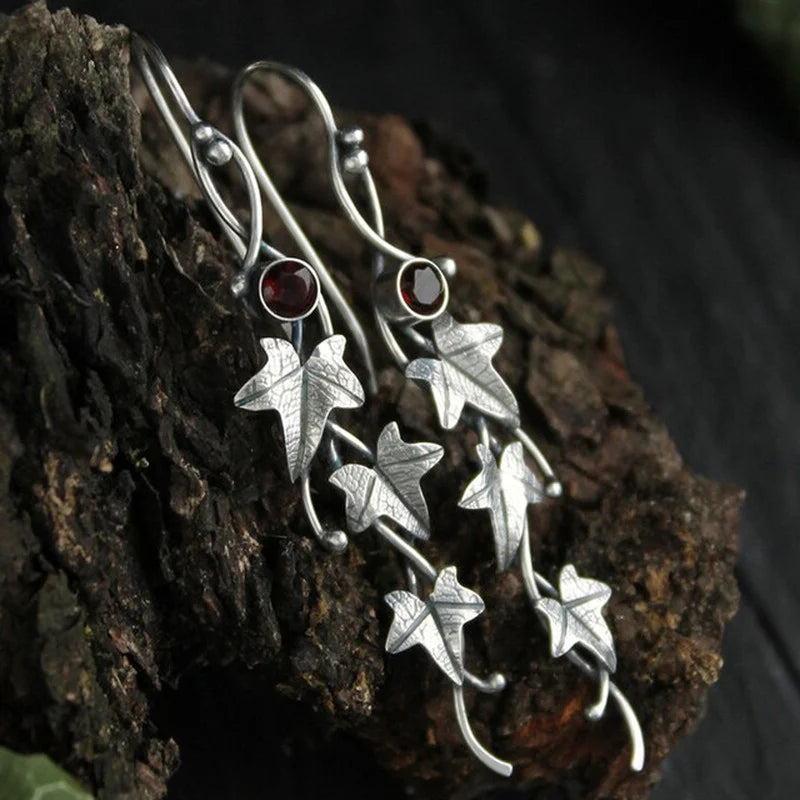 Vintage Silver Leaf Earrings with Green Zircon Inlay