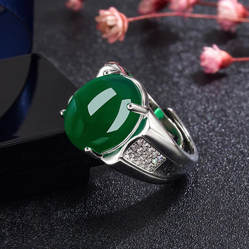 925 Silver Emerald Crystal Rings Green Chalcedony Zircon Vintage Adjustable