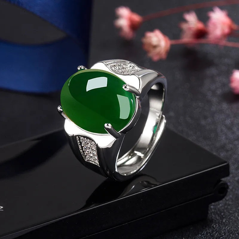 925 Silver Emerald Crystal Rings Green Chalcedony Zircon Vintage Adjustable