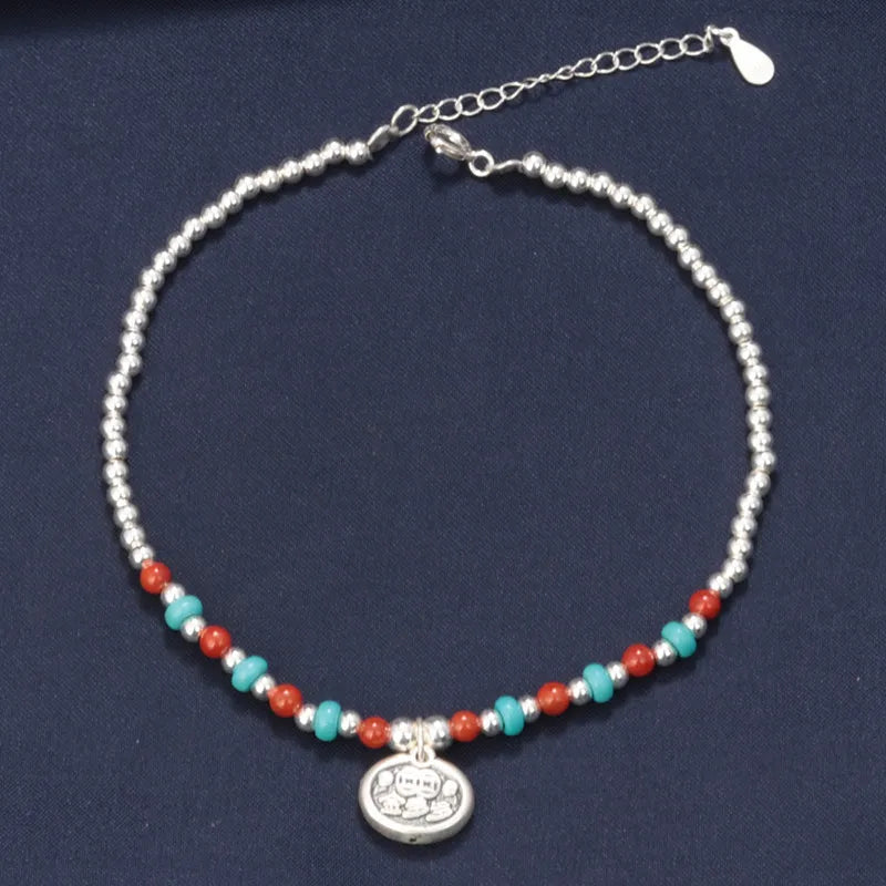 925 Silver South Red Agate Foot Chain Ruyi Lock Anklet