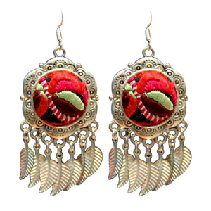 Ethnic Style Flower Hand-Embroidered Silver Earrings Retro Female Jewelry