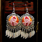 Ethnic Style Flower Hand-Embroidered Silver Earrings Retro Female Jewelry