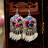 Ethnic Style Flower Hand-Embroidered Silver Earrings Retro Female Jewelry