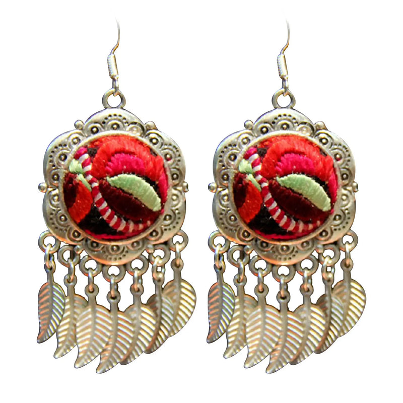 Ethnic Style Flower Hand-Embroidered Silver Earrings Retro Female Jewelry