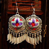 Ethnic Style Flower Hand-Embroidered Silver Earrings Retro Female Jewelry