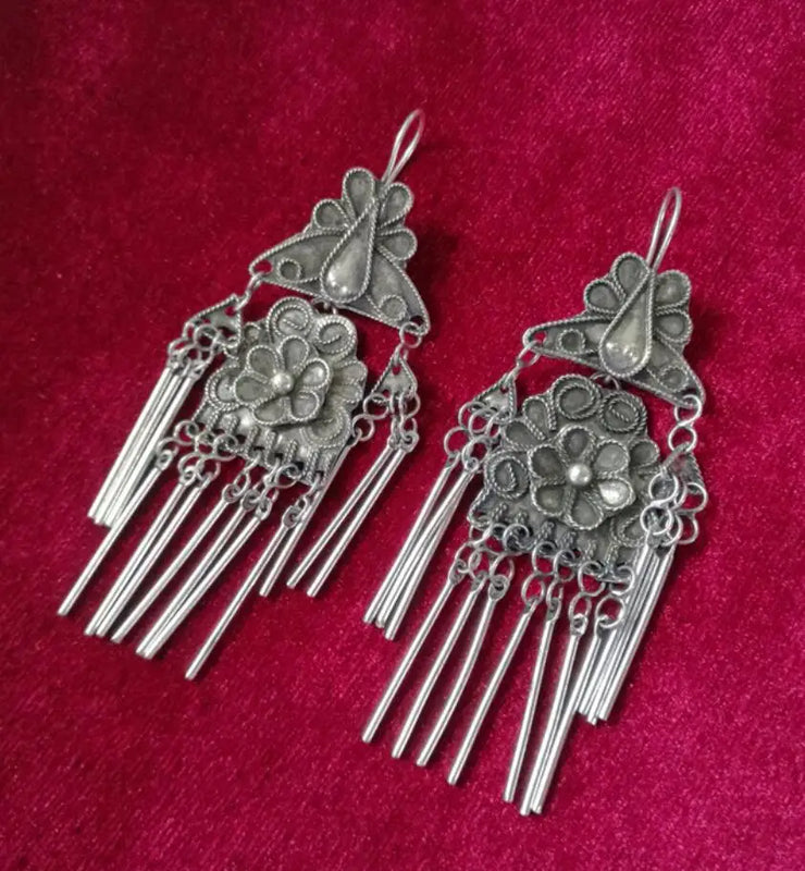 Miao Silver Filigree Butterfly Tassel Earrings