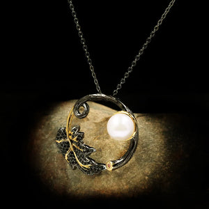 Ethnic Style Pearl Golden Leaf Pendant Necklace Two-tone Jewelry