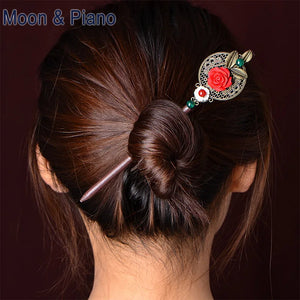Ethnic Style Red Flower Hairpin for Women