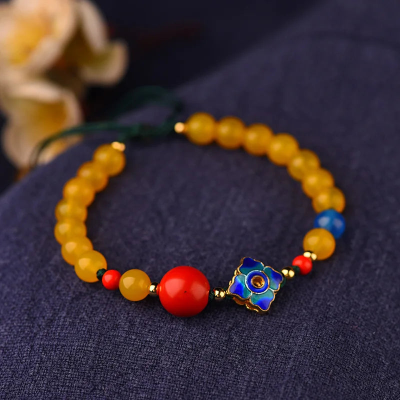 Ethnic Style Yellow Agate Bead Bracelet Cloisonne Cinnabar