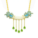 Ethnic Style Necklace Retro Silver Inlaid Hetian Jade Tassel Chain Set