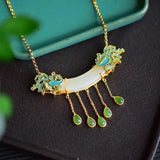 Ethnic Style Necklace Women's Retro Sterling Silver Jade Tassel Chain Set