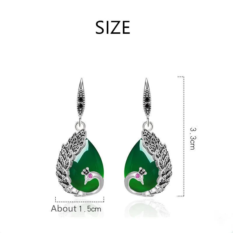 Ethnic Peacock Chalcedony Drop Earrings Vintage Thai Silver Green Agate