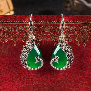 Ethnic Peacock Chalcedony Drop Earrings Vintage Thai Silver Green Agate