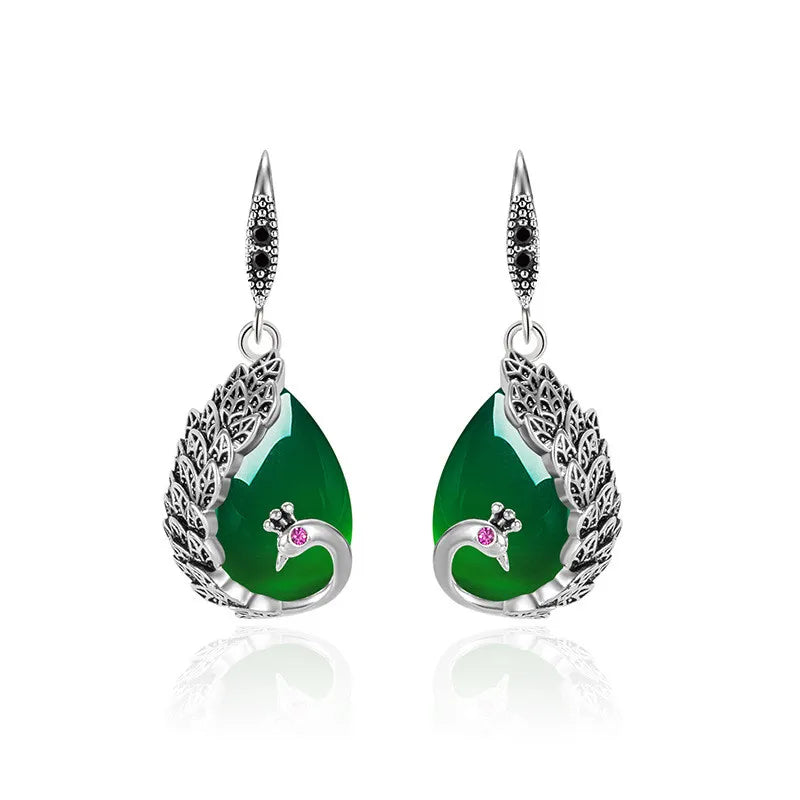 Ethnic Peacock Chalcedony Drop Earrings Vintage Thai Silver Green Agate